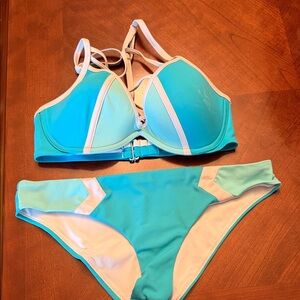 PINK Victoria's Secret Aqua & White Contrast Push-Up Bikini